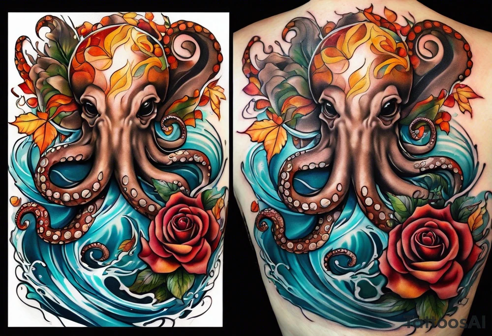 masculine abstract left thigh tattoo with a large octopus in water swirls wrapping around rocks, a rose, in fall colors with some small leaves and fall elements tattoo idea