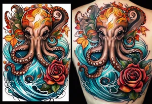 masculine abstract left thigh tattoo with a large octopus in water swirls wrapping around rocks, a rose, in fall colors with some small leaves and fall elements tattoo idea