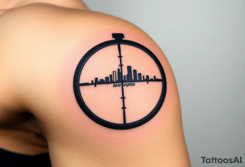 scope crosshairs with eerie Los Angeles city horizon in background tattoo idea