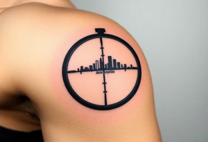 scope crosshairs with eerie Los Angeles city horizon in background tattoo idea