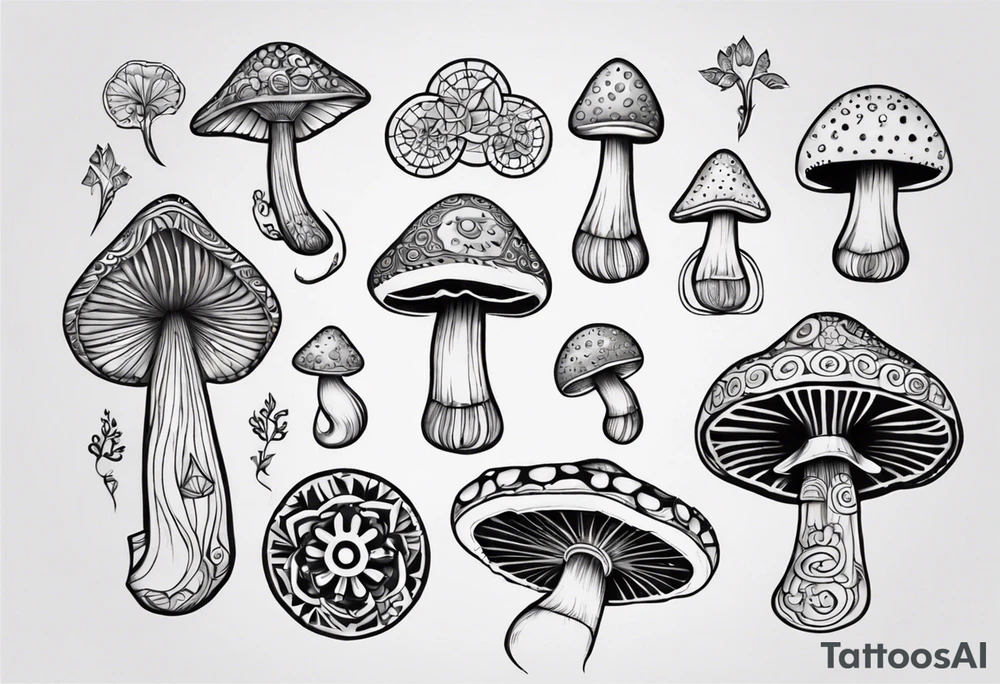 mushrooms out of book, psychedelic, mandala tattoo idea