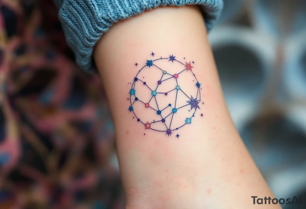 A subtle Aries star constellation map in pastel blues and pinks with the zodiac sign’s cosmic connection with a soft elegance. tattoo idea