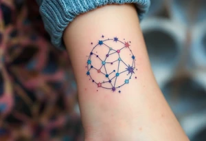 A subtle Aries star constellation map in pastel blues and pinks with the zodiac sign’s cosmic connection with a soft elegance. tattoo idea