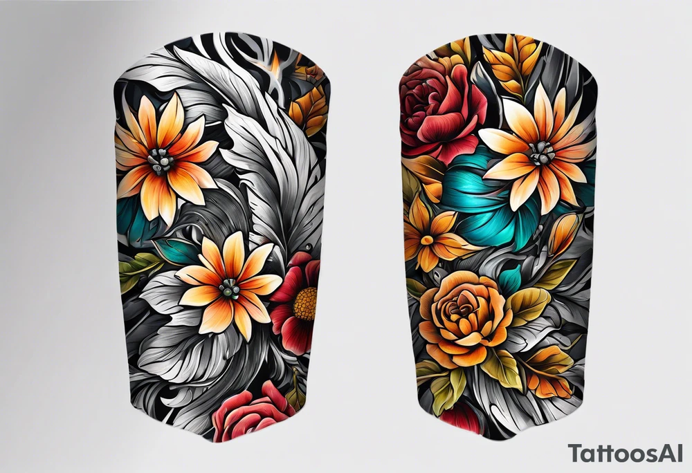 Arm sleeve with fall colors, various flowers, water flow tattoo idea