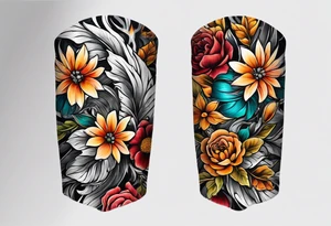Arm sleeve with fall colors, various flowers, water flow tattoo idea