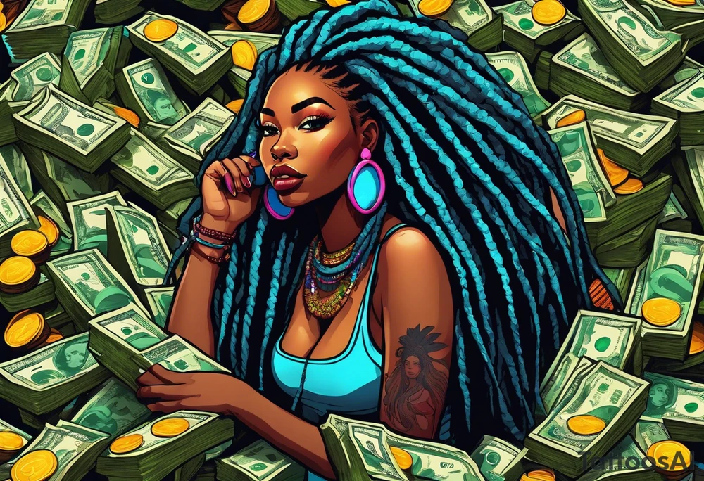 beautiful thick black women with long straight dreadlocks, new school style, holding piles of money, colorful, neon, bright, streetwear, streetstyle, urban tattoo idea