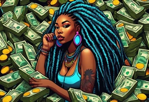 beautiful thick black women with long straight dreadlocks, new school style, holding piles of money, colorful, neon, bright, streetwear, streetstyle, urban tattoo idea