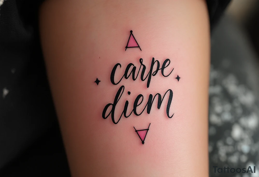 Pink ink lettering "carpe diem" on darker skin, glowing subtly like chalk on a blackboard, surrounded by geometric shapes. tattoo idea