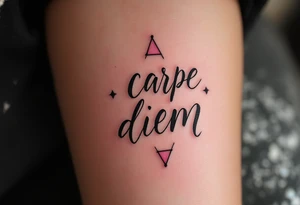 Pink ink lettering "carpe diem" on darker skin, glowing subtly like chalk on a blackboard, surrounded by geometric shapes. tattoo idea