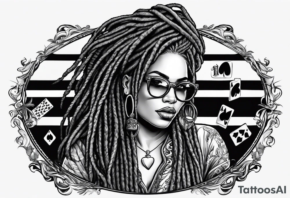 woamn with dread locks and un glasses playing poker tattoo idea