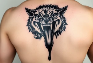 Fierce and demonic wolf with extra elongated muzzle and sharp teeth, swallowing a dripping black hole. Placement on sleeve. tattoo idea