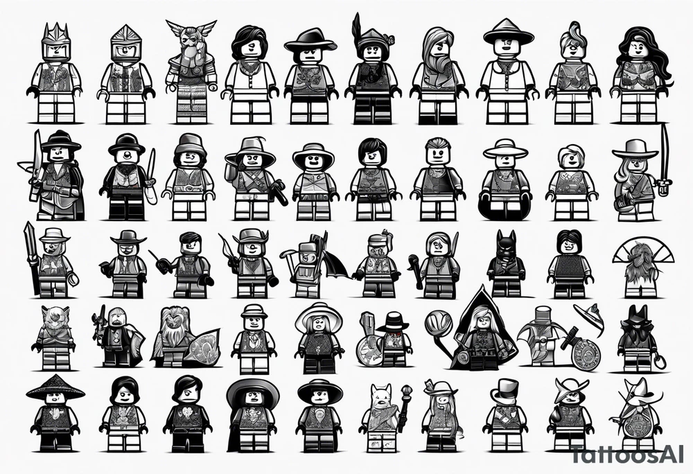 Variety of Lego minifigures traditional style flash sheet tattoo idea