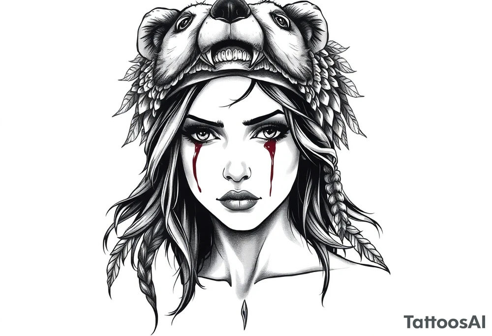 Beautiful Womans shedding a tear, with battle scars and blood on face, wearing a mean looking bear headdress on head tattoo idea