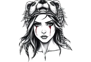 Beautiful Womans shedding a tear, with battle scars and blood on face, wearing a mean looking bear headdress on head tattoo idea