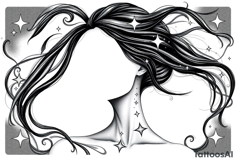 ethereal faceless womans frame with flowing hair and beautiful celestial stars tattoo idea