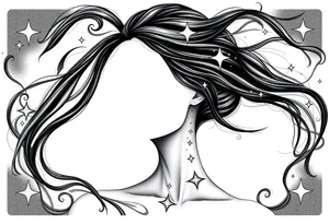 ethereal faceless womans frame with flowing hair and beautiful celestial stars tattoo idea