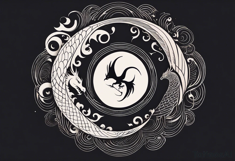 For a Gen Z-inspired dragon and phoenix tattoo, think of a clean, minimalist design that combines symbolism with bold, sleek lines. Imagine a dragon and phoenix spiraling together in a yin-yang-inspired layout. The dragon has a slightly abstract, modern shape, with sharp, flowing lines to show power, resilience, and wisdom, while the phoenix is rendered with sweeping curves and minimal detailing, symbolizing rebirth, growth, and transformation.

Both creatures should interact in a harmonious way, representing balance and duality. To keep it meaningful, focus on line work rather than intricate shading—clear, open spaces allow the tattoo to feel light and energetic. Adding small symbols, like stars or a faint galaxy backdrop, can enhance the "rising from ashes" and "strength through challenge" themes. This design will have a timeless appeal while resonating with Gen Z’s love for symbolism and simplicity. tattoo idea