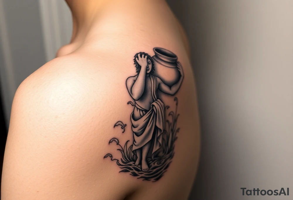 A humanized god carrying a jar on his shoulder, from which it flows out of the water to create a marine environment tattoo idea