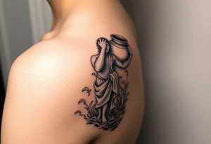 A humanized god carrying a jar on his shoulder, from which it flows out of the water to create a marine environment tattoo idea