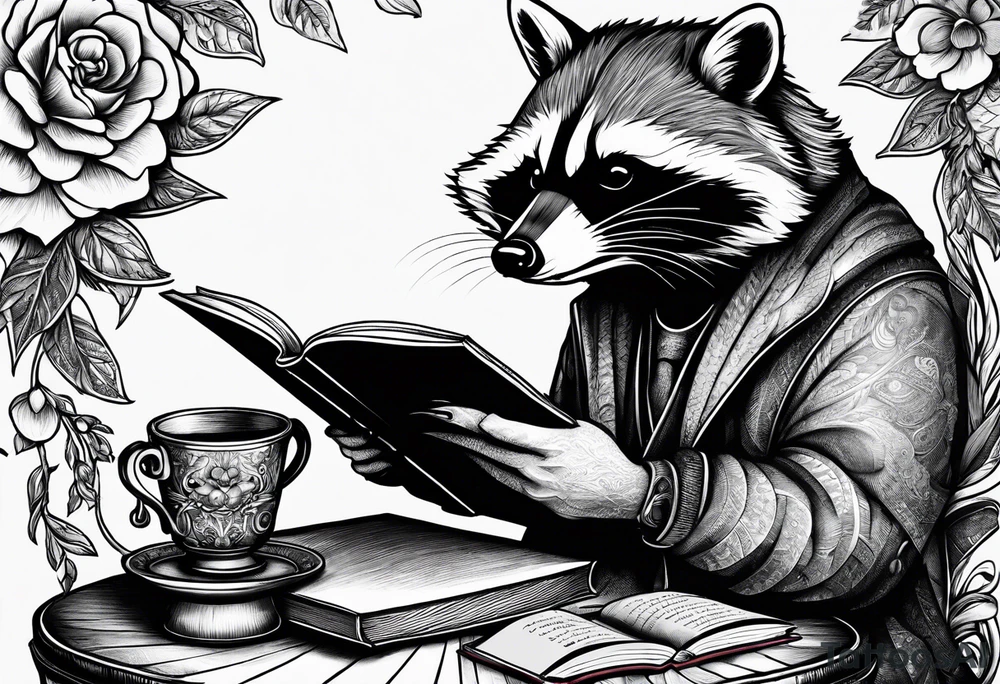 A raccoon drinking tea and reading a book tattoo idea A raccoon drinking tea and reading a book tattoo idea