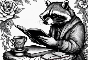 A raccoon drinking tea and reading a book tattoo idea