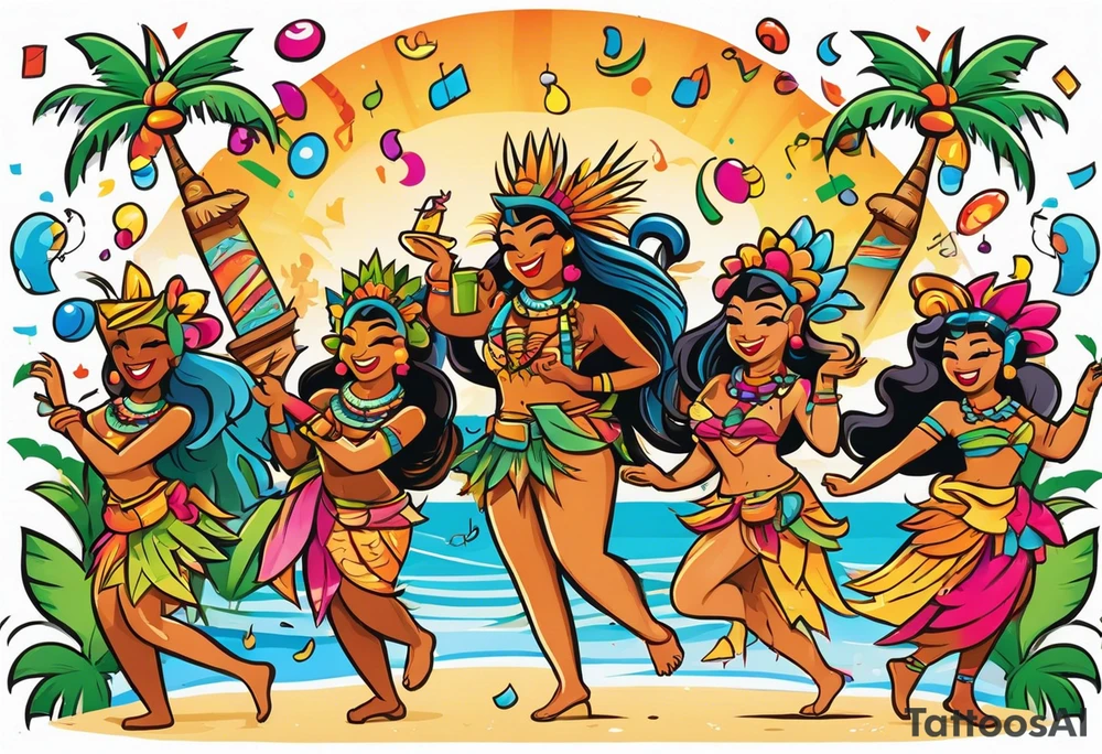 beach party scene with tiki gods and hulu girls dancing include music notes and confetti. leave a blank area in the middle of the image tattoo idea