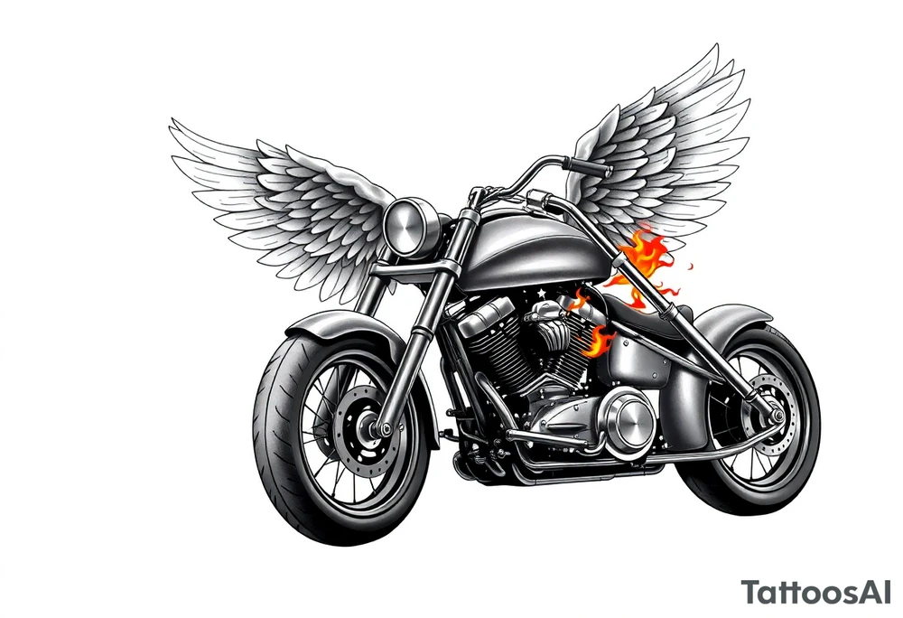 Low rider grey motorcycle, big muffler pipes with flames, angel wings, driving away, no person tattoo idea