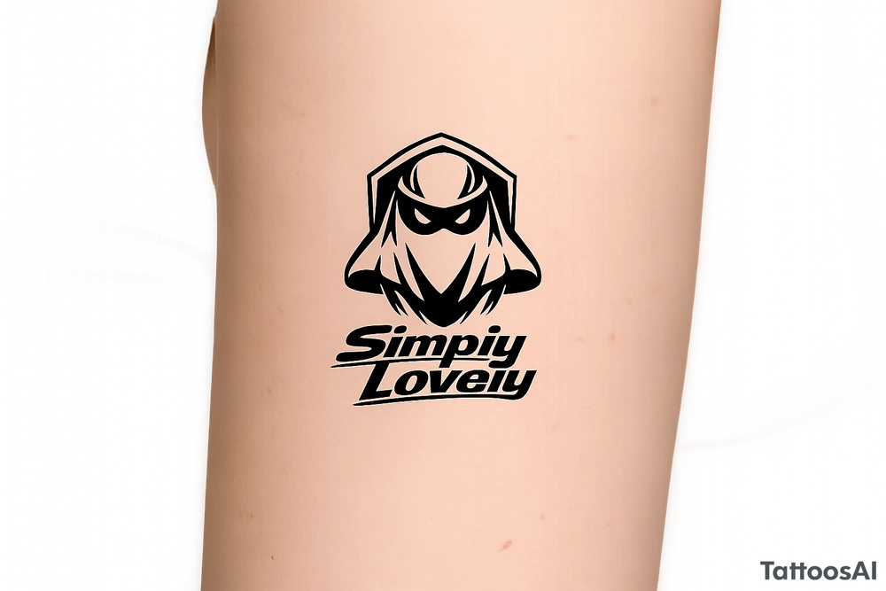 Create a 5 × 5 cm black ink tattoo combining the Koenigsegg Ghost logo, inspired by the Swedish flying squadron tribute, with the phrase **“Simply Lovely”** written underneath.

Make the ghost logo sharp, bold, and slightly aggressive, with a sleek hypercar and Formula 1 racing aesthetic. Use thick black outlines, clean geometric details, and a compact vertical composition. Below the ghost, add “Simply Lovely” in a bold italic racing font, similar to a motorsport team slogan.

Minimalist but powerful. Black and white only. No background, no extra logos, no flags, no car illustration. Professional tattoo stencil, crisp lines, highly readable text, designed for a small 5 × 5 cm tattoo. tattoo idea