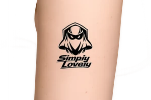 Create a 5 × 5 cm black ink tattoo combining the Koenigsegg Ghost logo, inspired by the Swedish flying squadron tribute, with the phrase **“Simply Lovely”** written underneath.

Make the ghost logo sharp, bold, and slightly aggressive, with a sleek hypercar and Formula 1 racing aesthetic. Use thick black outlines, clean geometric details, and a compact vertical composition. Below the ghost, add “Simply Lovely” in a bold italic racing font, similar to a motorsport team slogan.

Minimalist but powerful. Black and white only. No background, no extra logos, no flags, no car illustration. Professional tattoo stencil, crisp lines, highly readable text, designed for a small 5 × 5 cm tattoo. tattoo idea
