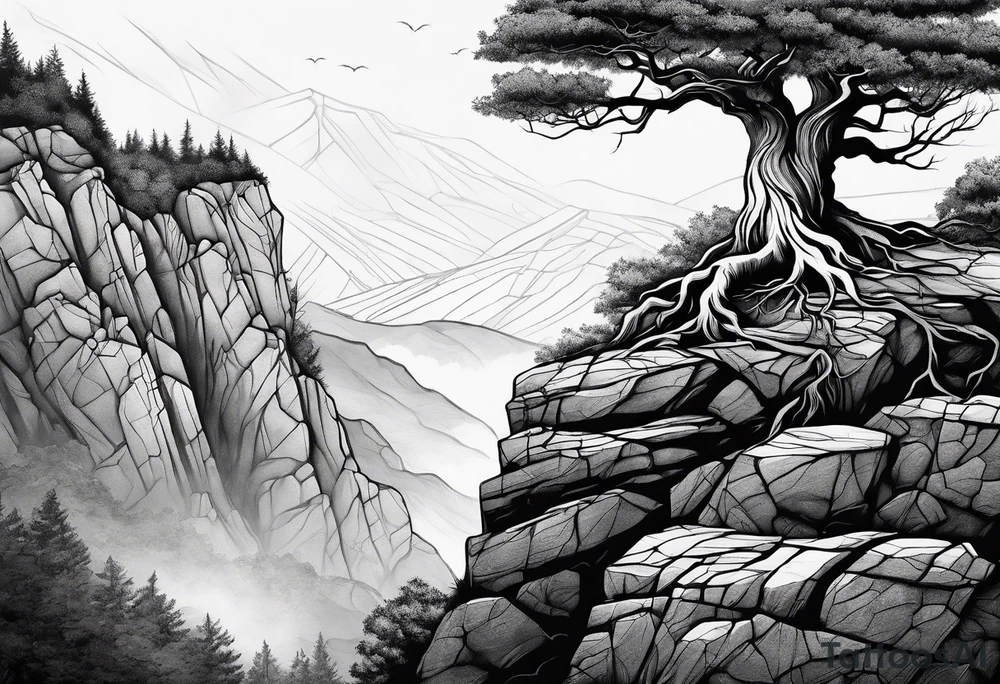 Tree growing out of stone cliff with roots growing in between cracks tattoo idea