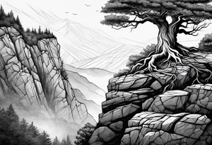 Tree growing out of stone cliff with roots growing in between cracks tattoo idea