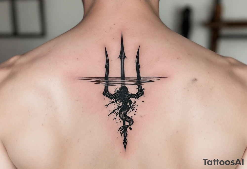 trident half way under calm water with mermaid tattoo idea