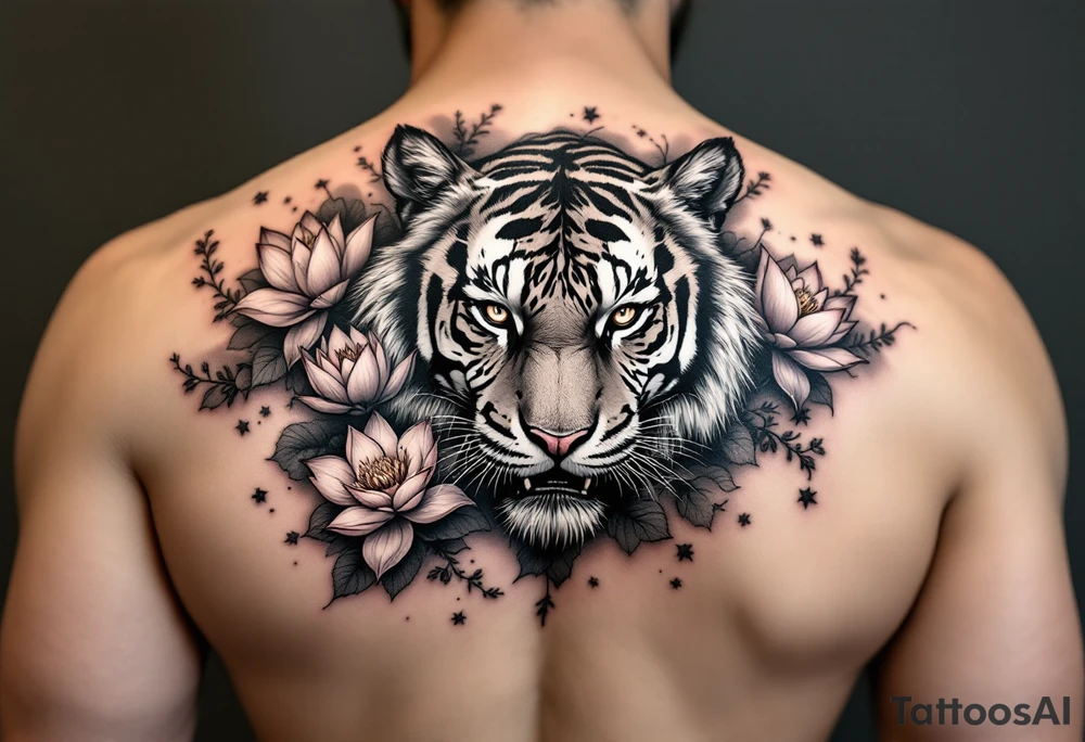 fierce tiger emerging through blooming lotus flowers in mist tattoo idea