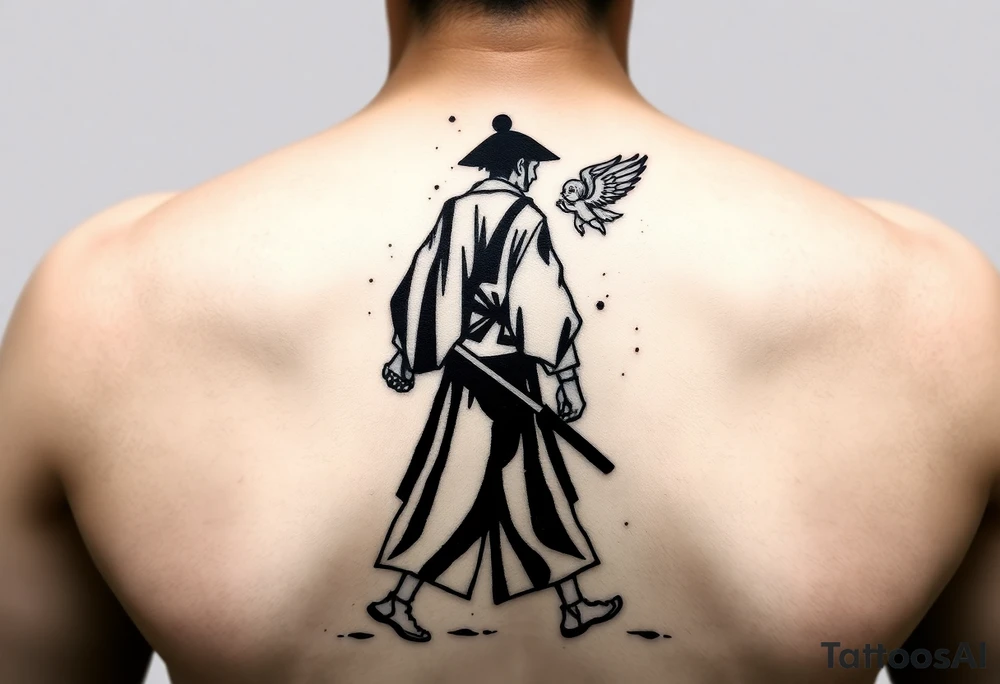 "Blackwork tattoo sketch of a lone samurai walking forward, shown in dramatic silhouette style. The samurai wears traditional kimono and hakama, holding a katana in one hand with the blade pointing downward. Behind him floats a small child angel with detailed feathered wings, gently touching the samurai’s back with one hand, as if stopping or guiding him. Strong contrast, dynamic ink splatter, rough brush strokes, Japanese sumi-e vibe, emotional and symbolic composition, high detail linework, no background." tattoo idea