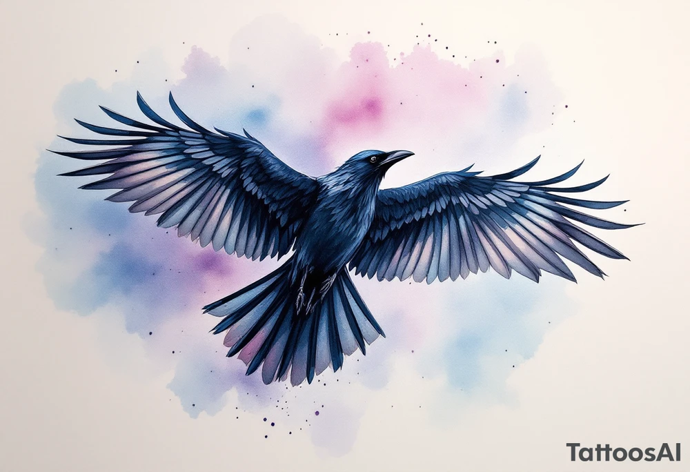 Flying Crow with Watercolor Sky – A crow in mid-flight with extended wings, surrounded by a background of soft watercolor blues, purples, and pinks for a dreamy atmosphere. tattoo idea
