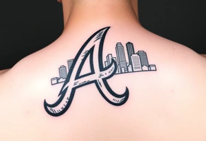 Atlanta Braves letter logo “A” overlapping the Atlanta skyline in the back. Small and jam packed tattoo idea