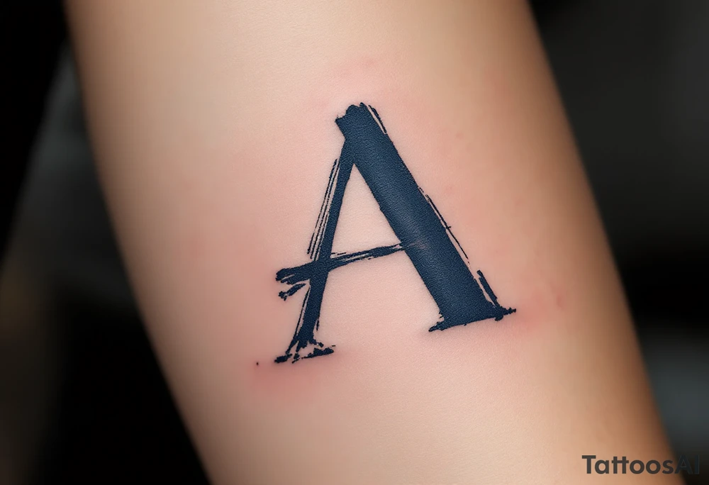 A brushstroke "A" in deep navy blue, fading into a smoky gray. tattoo idea