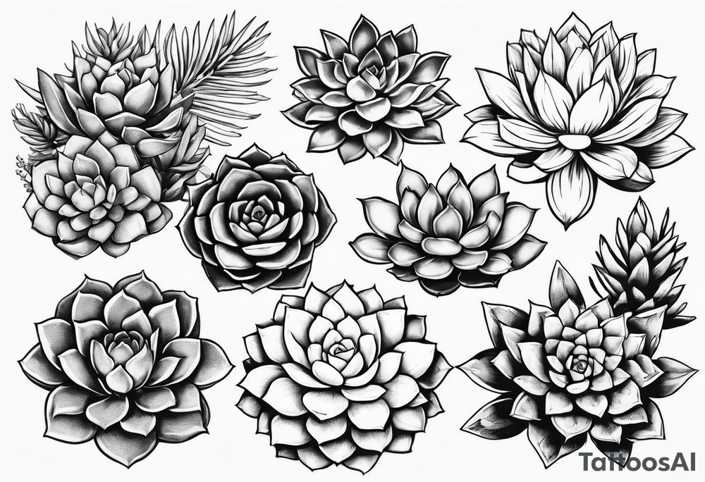 Variety of succulents plants traditional style flash sheet tattoo idea