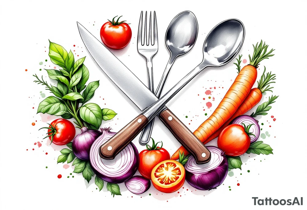 A realistic kitchen tattoo design showing a large silver kitchen knife with a dark brown wooden handle crossed over a shiny silver fork and spoon, all placed diagonally, surrounded by whole and sliced vegetables including bright red round tomatoes, leafy green basil, long orange carrots with green tops, and round purple onions with visible rings, all arranged in a circular wreath shape with a soft white background and subtle watercolor splashes of green, red, and orange for depth. tattoo idea