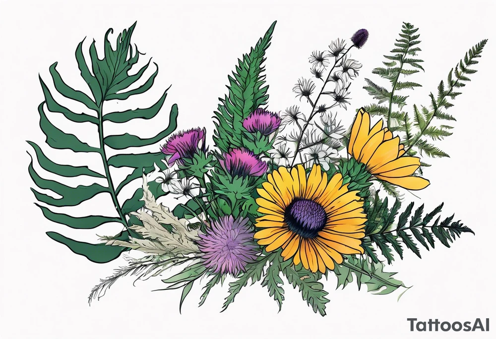 spread out mixed wildflower bouquet with ferns, thistle and with color and show the design on a leg tattoo idea