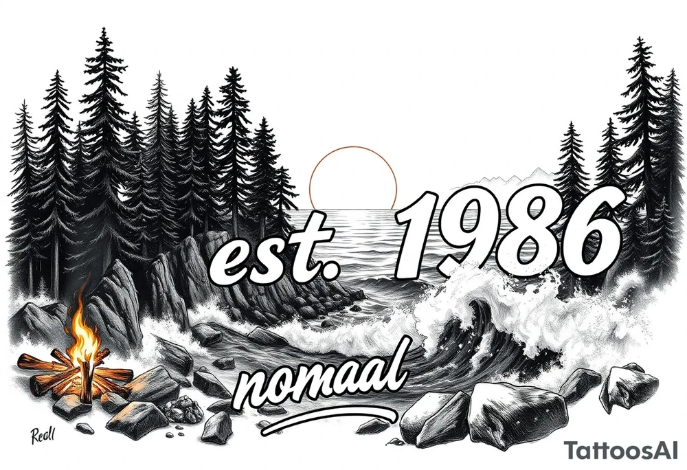 Collage of Redwood forest cliff huge trees campfire smoke and sunset meeting ocean  with huge waves crashing on the rocky shoreline and a night ski with the words "est.1986 nomad life" in graffiti like old English custom letters tattoo idea