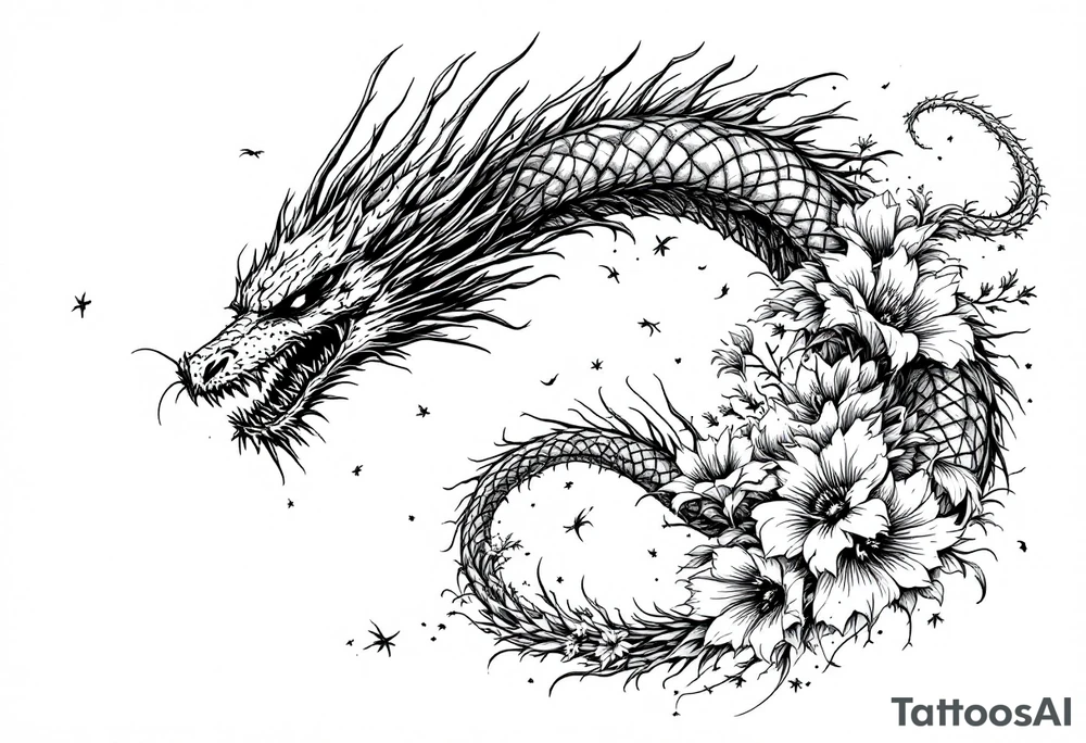 scary long dragon with dead flowers tattoo idea