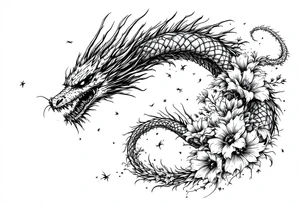 scary long dragon with dead flowers tattoo idea