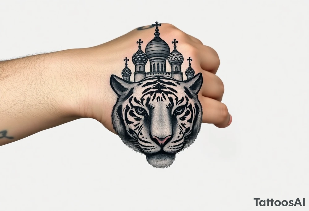 Realistic tiger face on the back of the hand with strong contrast and fine detail with hollow black eyes. with a highly detailed Russian Orthodox cathedral sitting above on fore arm with onion domes and orthodox crosses, done in fine line, engraving-like style. Cohesive composition, black ink only, no color, high contrast, slightly aged, documentary-style, plain light background. with clouds above and a virgin mary tattoo idea
