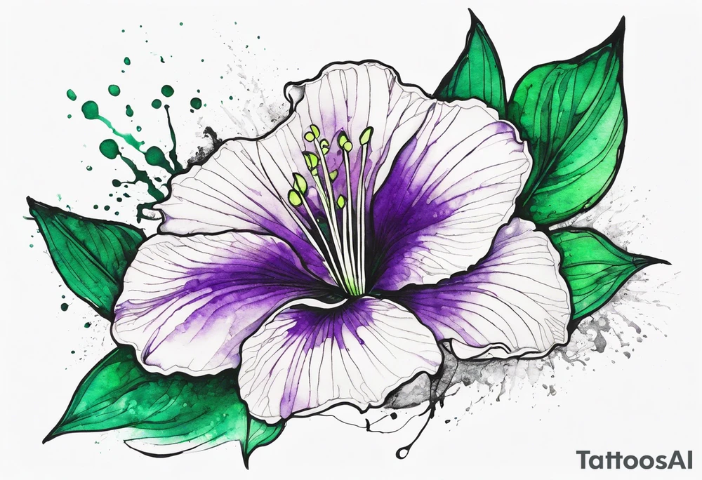 An outline of a green rio dipladenia flower and a green and purple watercolor splash in the background tattoo idea