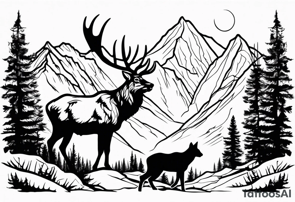 Hunter in the woods with dark mountains in the background under moonlight with elk deer and a cougar tattoo idea