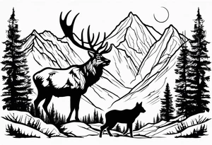 Hunter in the woods with dark mountains in the background under moonlight with elk deer and a cougar tattoo idea