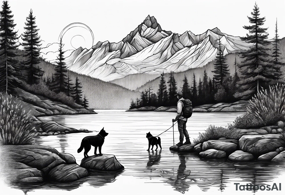 nature, sunset, mountains, a father and son hiking with their dog and cat by the water tattoo idea