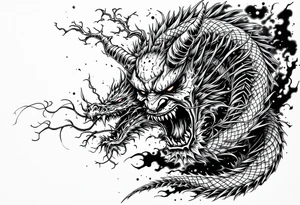 Japanese style, oni mask biting the tail of a dragon and on the other side has a japanese warrior/ samurai tattoo idea