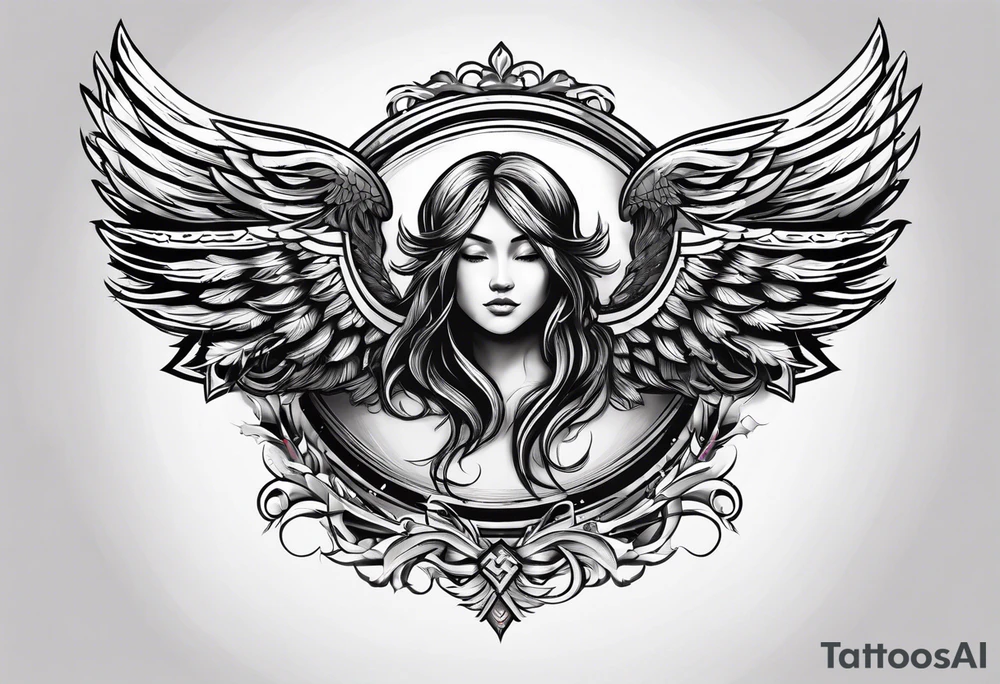 the word Glenn on a banner and angel wings tattoo idea